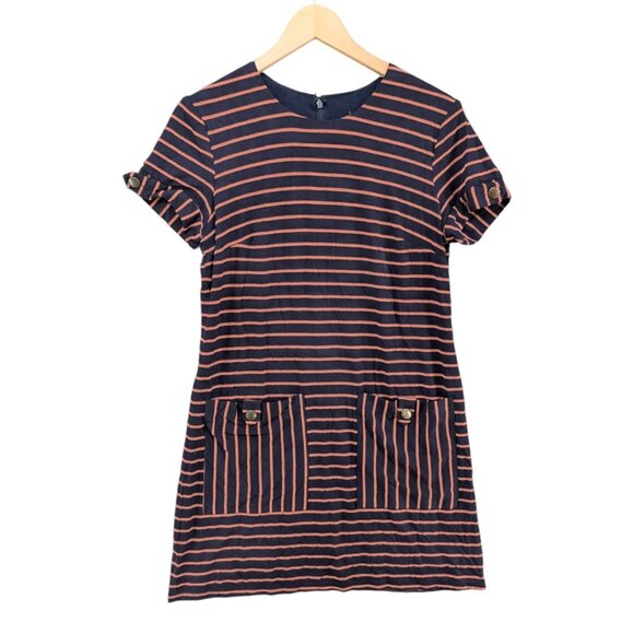 Hutch Anthropologie Mini Shirt Dress Navy Orange Stripe Front Pocket Lined Sz S - Picture 1 of 14